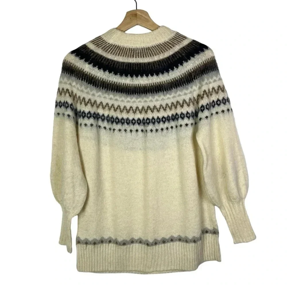J. Crew Off White Fair Isle Yoke Puff Sleeve Sweater XXS